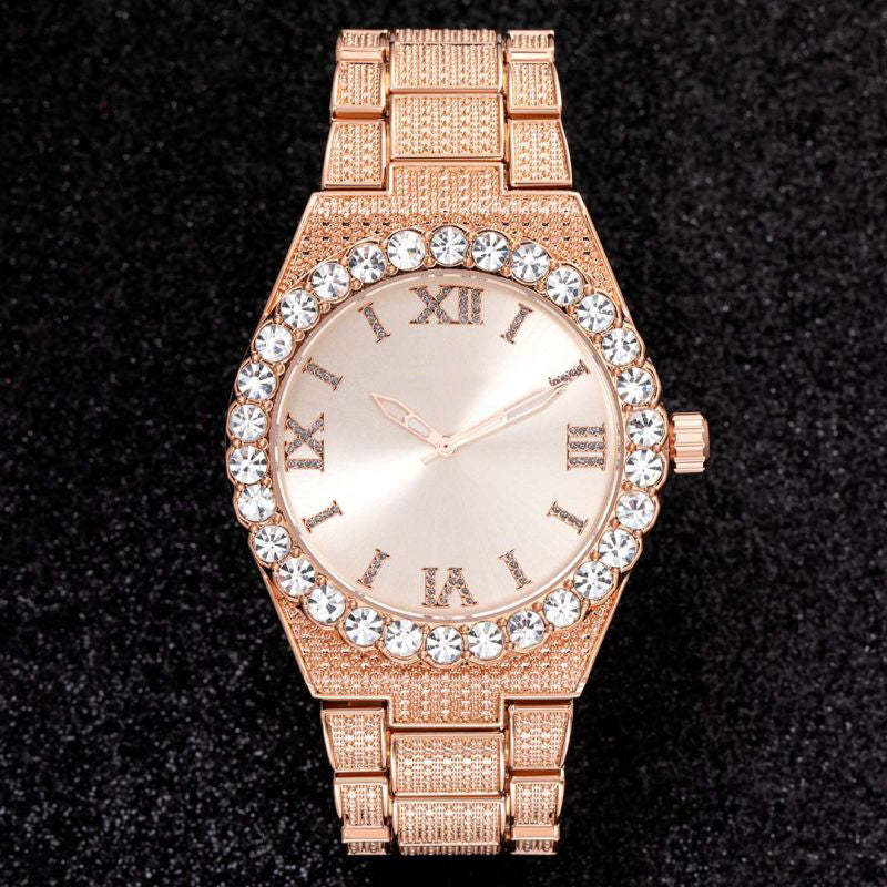 43mm Iced Round Cut Roman Numerals Men's Watch in Rose Gold