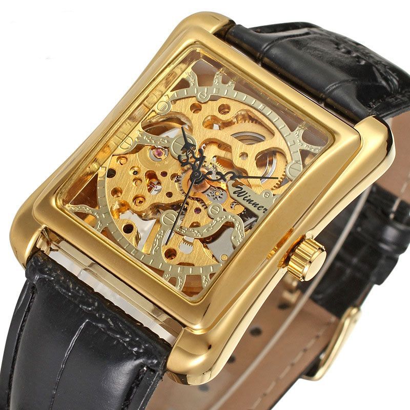 Skeleton Mechanical Tonneau Watch with Leather Strap