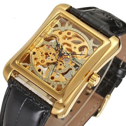 Skeleton Mechanical Tonneau Watch with Leather Strap