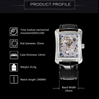 Skeleton Mechanical Tonneau Watch with Leather Strap