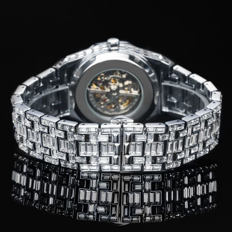 Iced Men's Mechanical Watch with Baguette Stones in White Gold