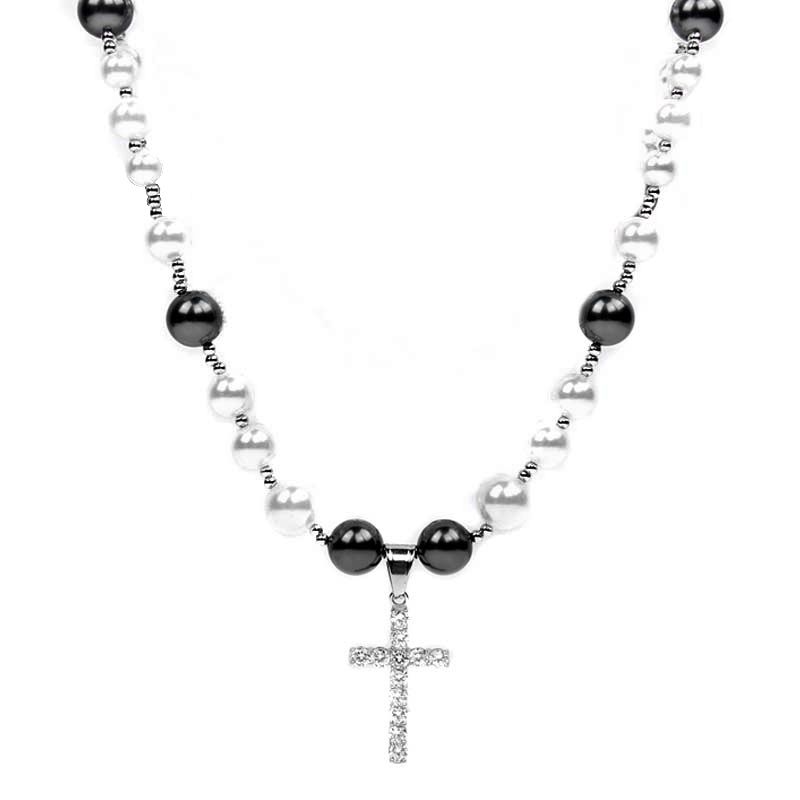 White and Black Pearl Necklace with Tennis Cross
