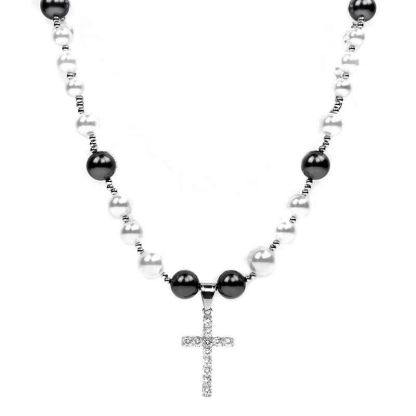 White and Black Pearl Necklace with Tennis Cross
