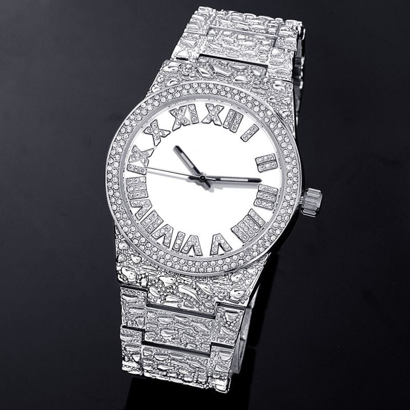 Iced Nugget Style Roman Numerals Watch in White Gold