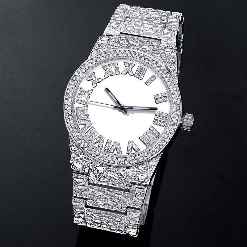 Iced Nugget Style Roman Numerals Watch in White Gold