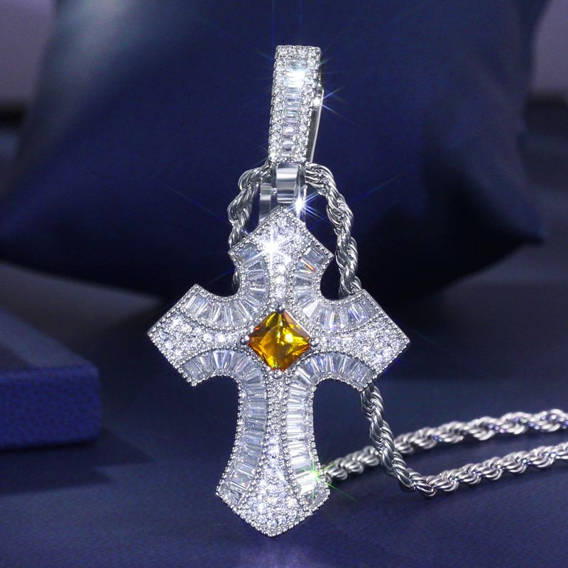 Iced Purple/Fancy Baguette Christian Cross Moissanite Pendant