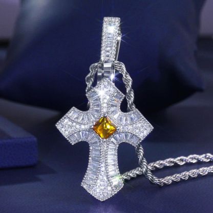 Iced Purple/Fancy Baguette Christian Cross Moissanite Pendant