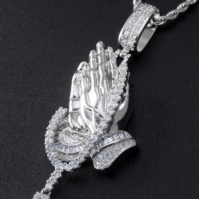 Moissanite Iced Praying Hands Holding Tennis Chain Cross Pendant