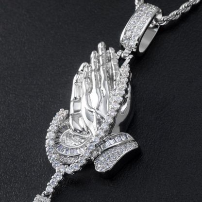 Moissanite Iced Praying Hands Holding Tennis Chain Cross Pendant