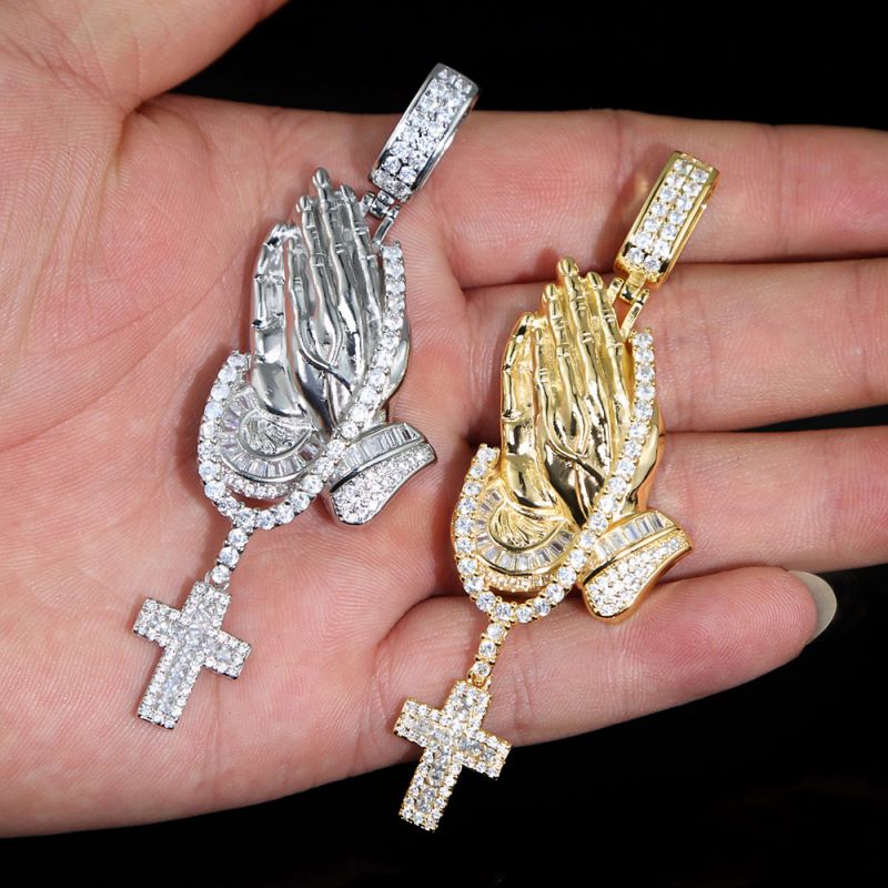 Moissanite Iced Praying Hands Holding Tennis Chain Cross Pendant