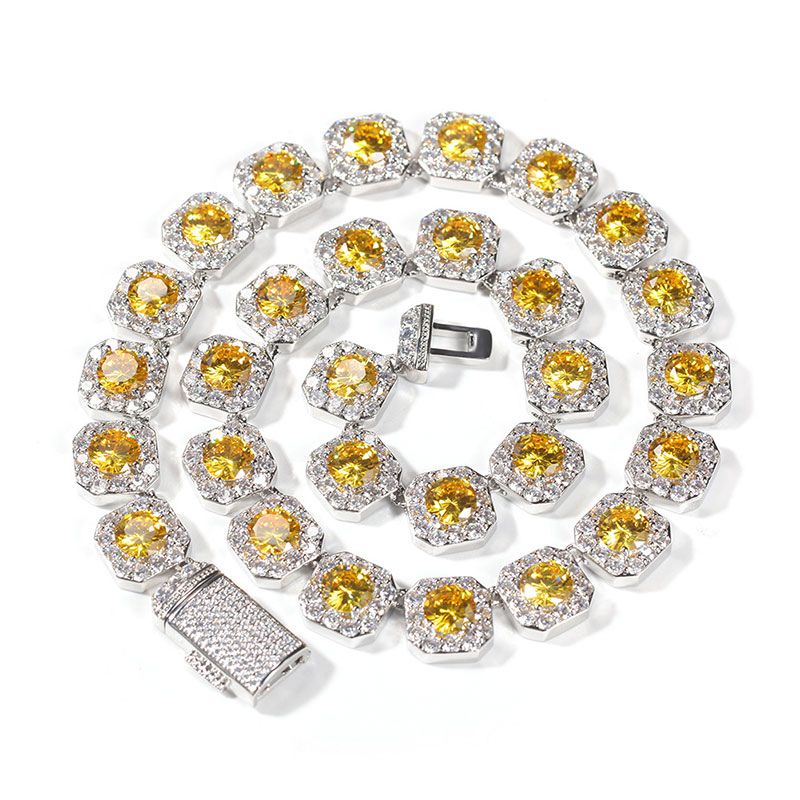 12mm Moissanite Yellow Handset Clustered Tennis Chain in White Gold