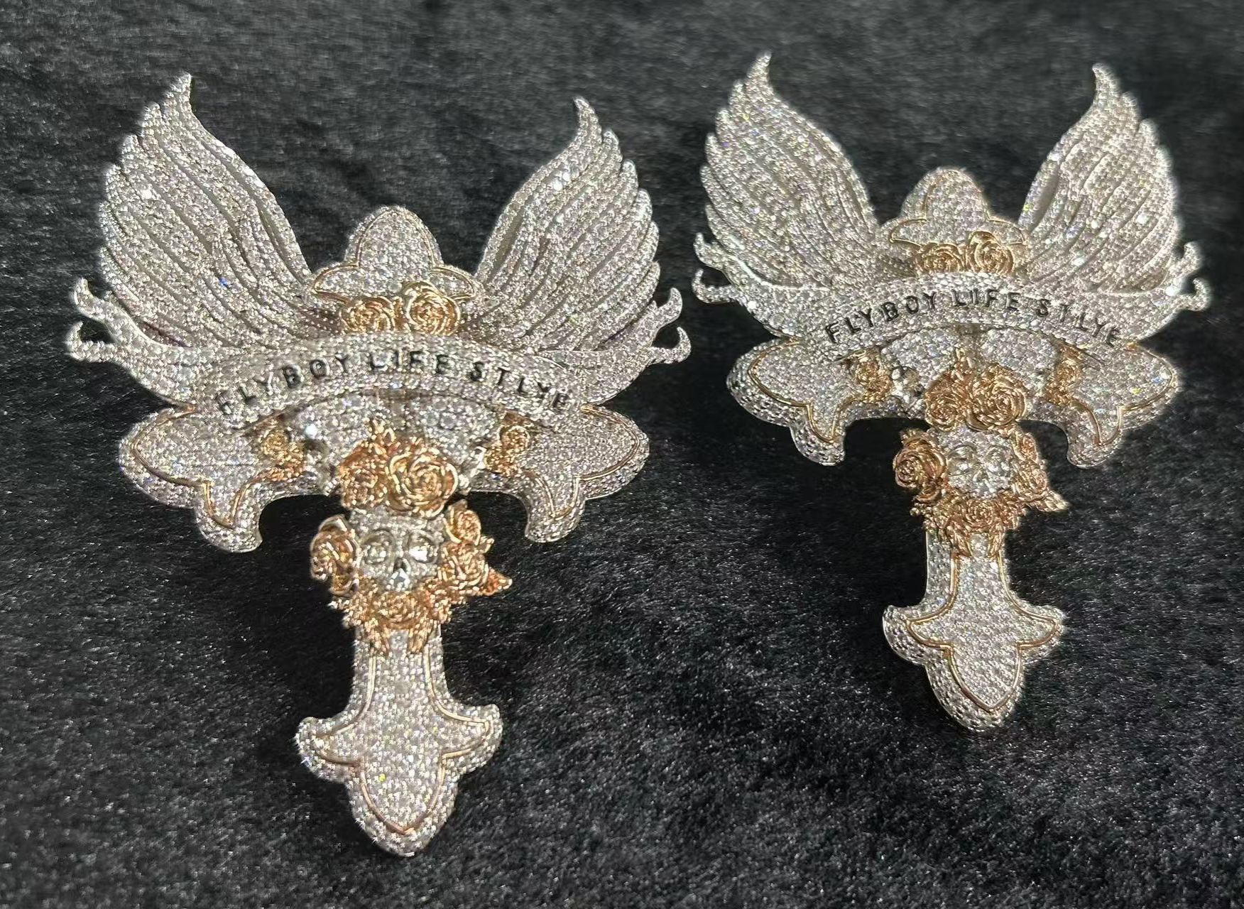 Moissanite "Flyboy Lifestyle" Letter Wings Rose Cross Pendant