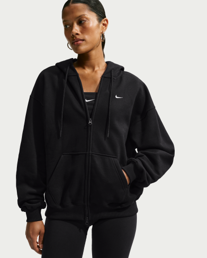 Nike Studio Fleece Medium Weight Women's Oversized Full-Zip Hoodie - Total Black/Sail - View 3