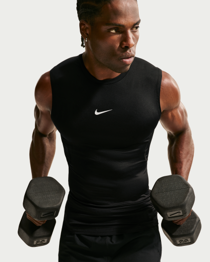 Nike Pro Men's Dri-FIT Tight Sleeveless Fitness Top - Black/White - View 1