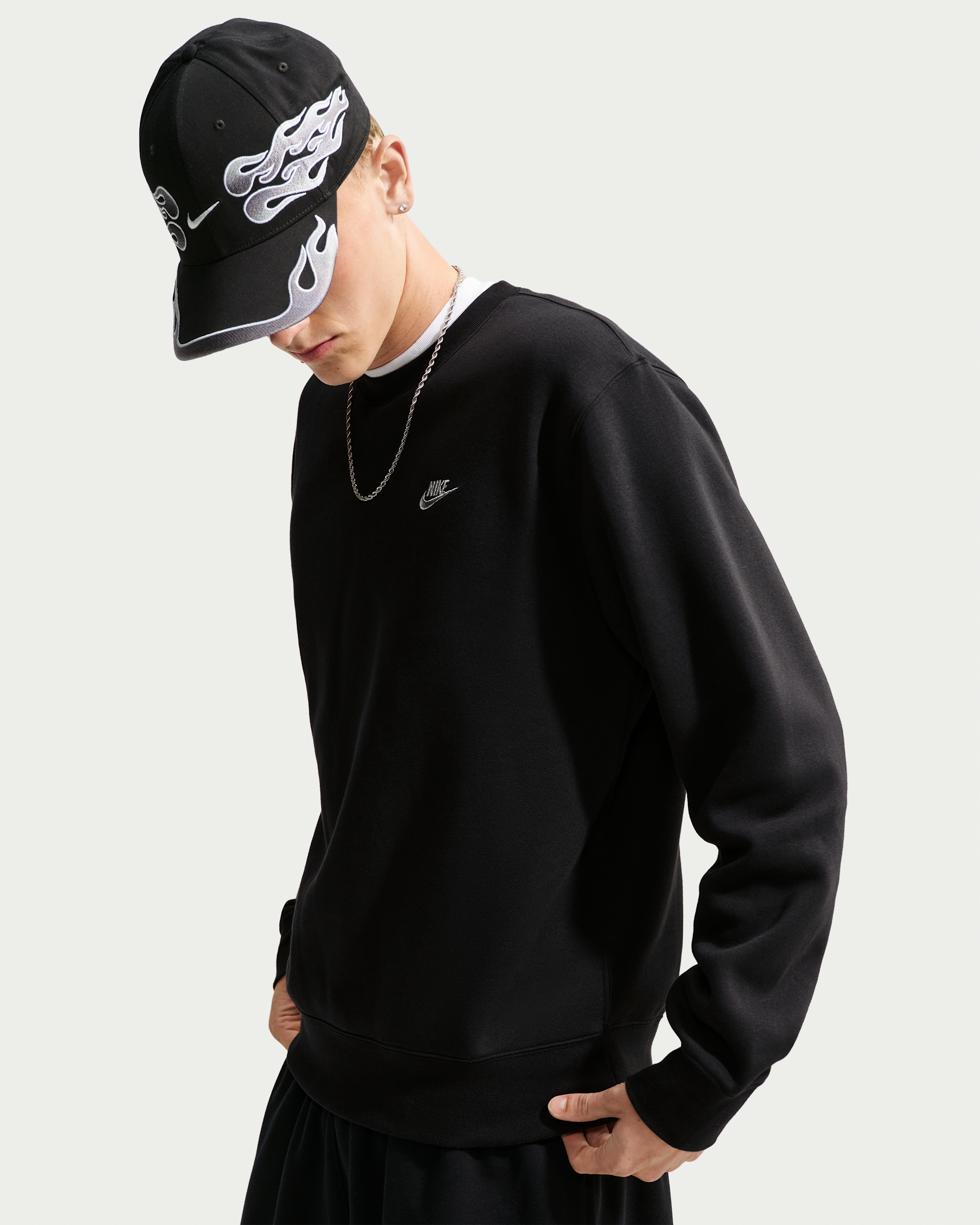 Nike Club Men's Fleece Crew - Black/Metallic Silver - View 1