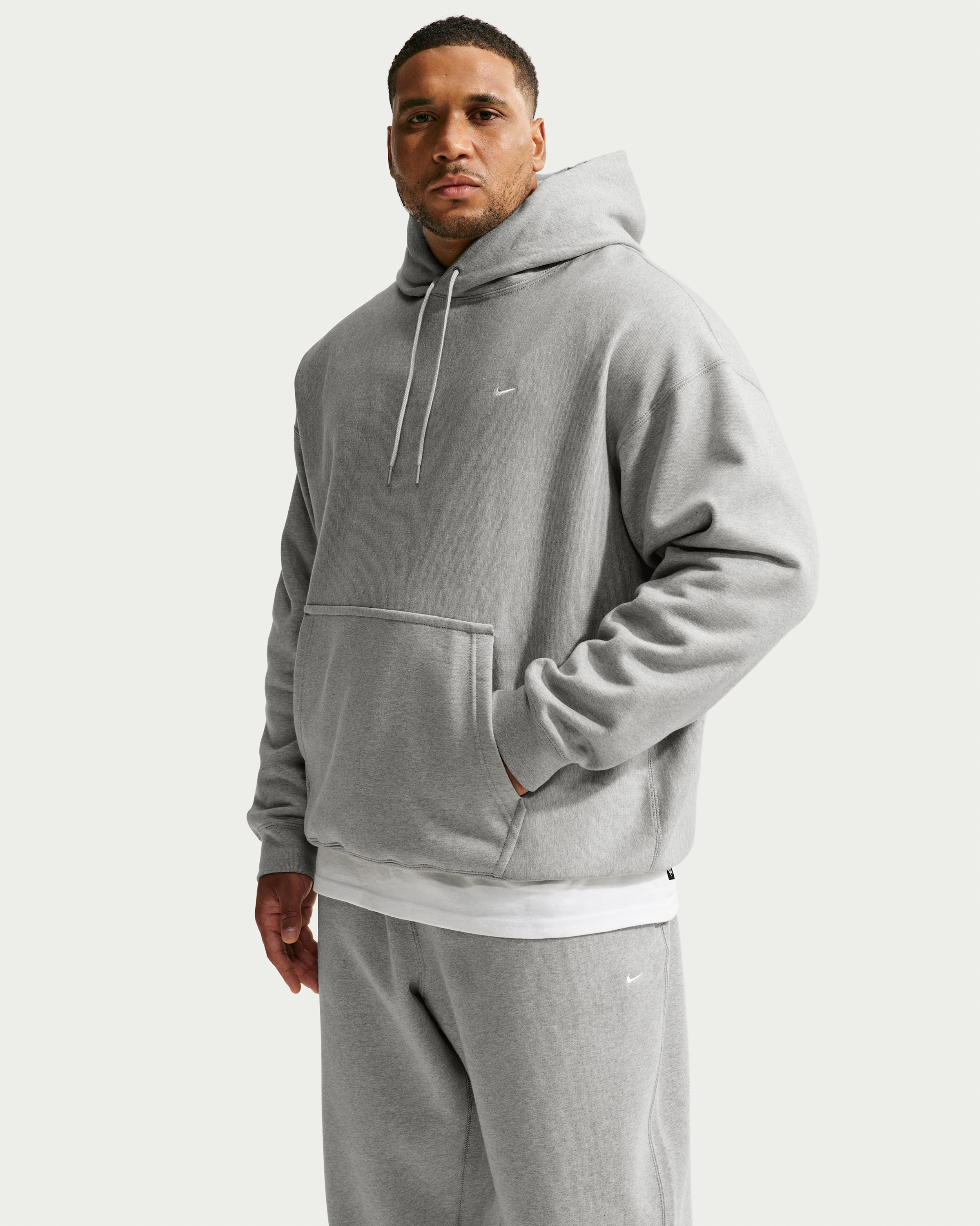 Nike Solo Swoosh Men's Pullover Hoodie - Dark Grey Heather/Light Smoke Grey/White - View 6