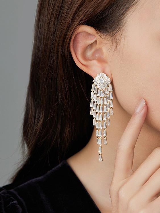 Designed Full Diamond Tassel Zirconia Earrings