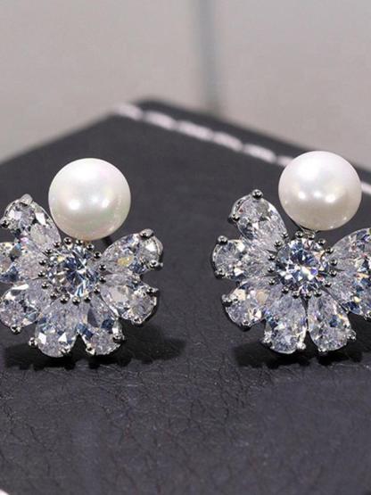 Snowflake Zirconia Imitation Pearl Earrings