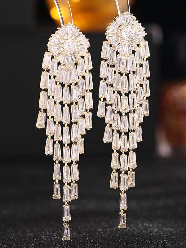 Designed Full Diamond Tassel Zirconia Earrings