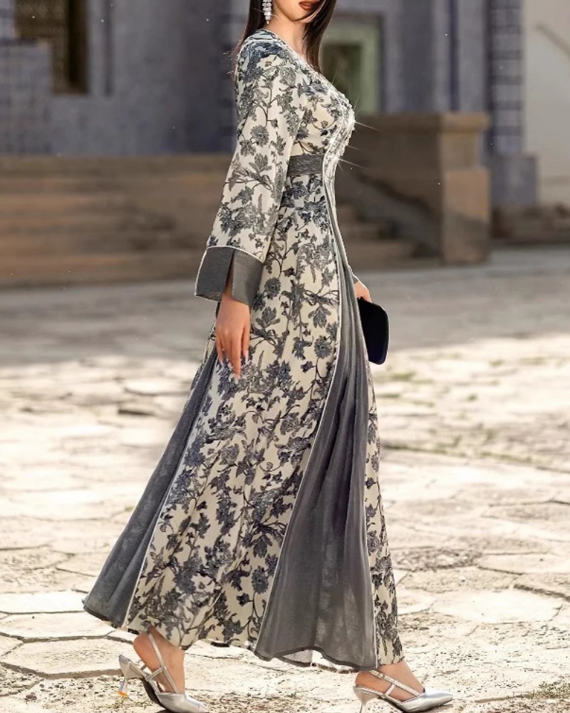 Waist-Cinching Printed Patchwork Dress