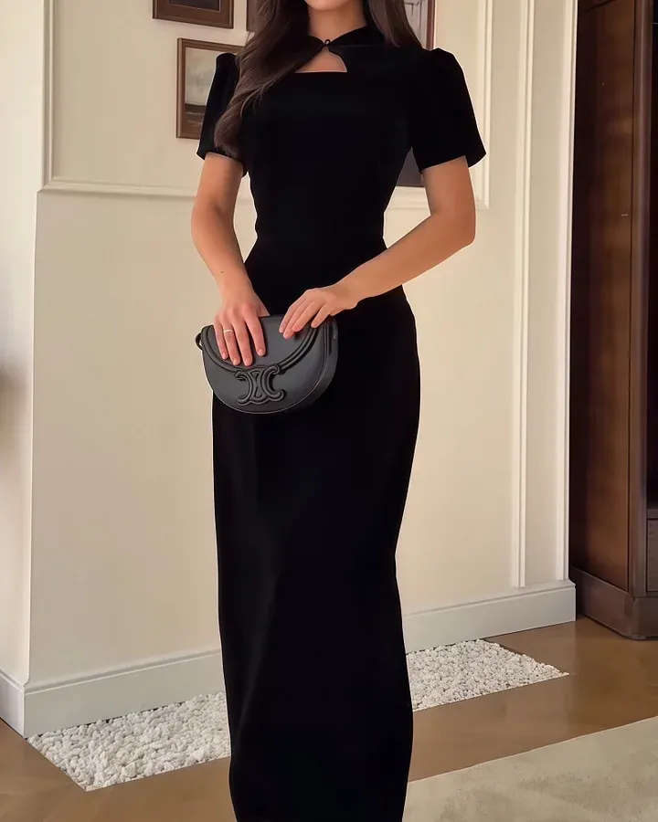 Black Bodycon Vintage High-End Cheongsam Collar Short Sleeve Maxi Dress