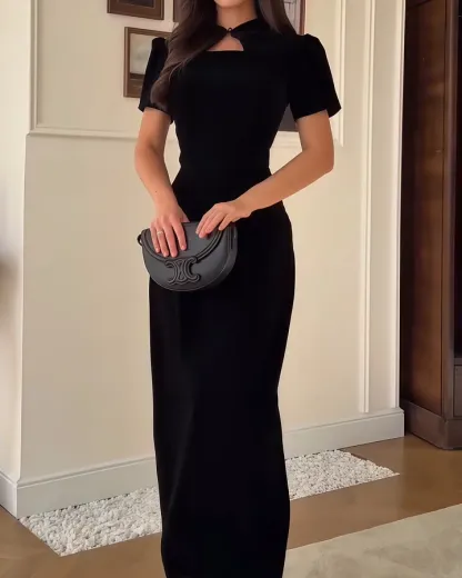 Black Bodycon Vintage High-End Cheongsam Collar Short Sleeve Maxi Dress