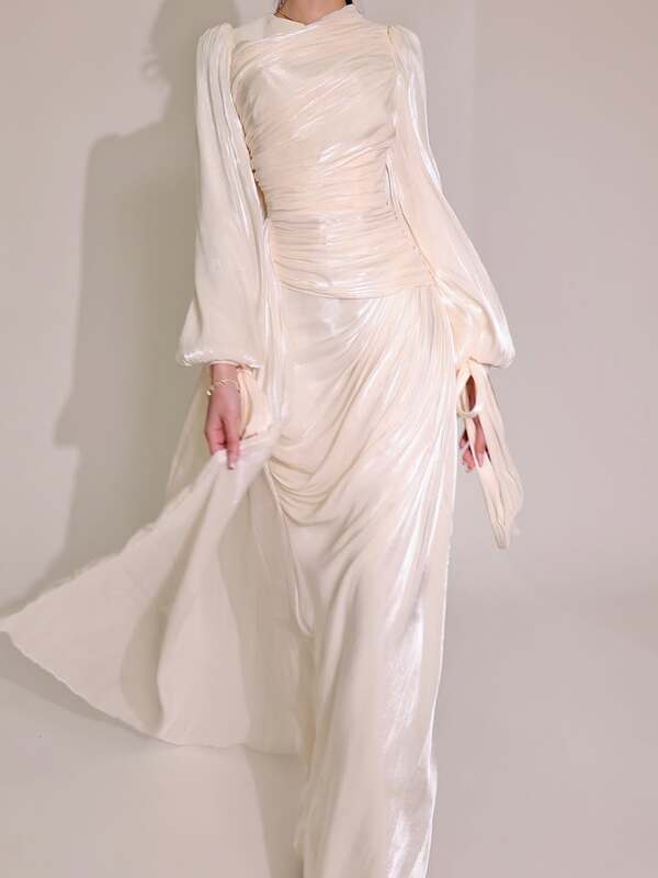 Ruched Tied Up Lantern Sleeve Overlay Party Maxi Dresses