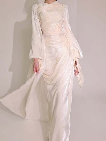 Ruched Tied Up Lantern Sleeve Overlay Party Maxi Dresses