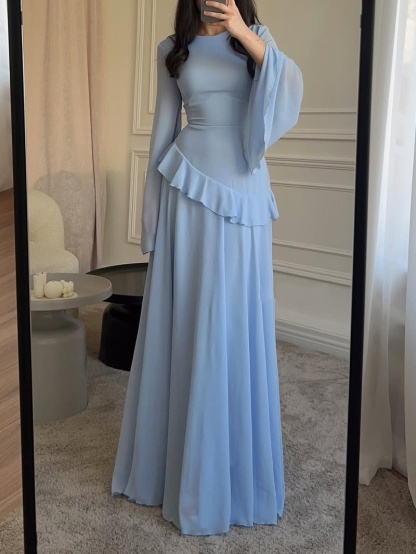 Solid Color Flared Sleeve Dress