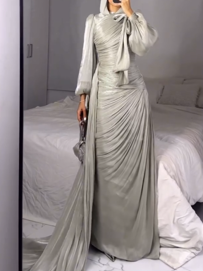 Ruched Tied Up Lantern Sleeve Overlay Party Maxi Dresses