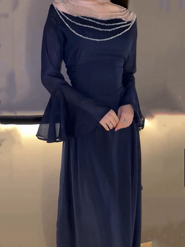 Sheer Beaded Yoke Flared Bell Sleeves Maxi Dress