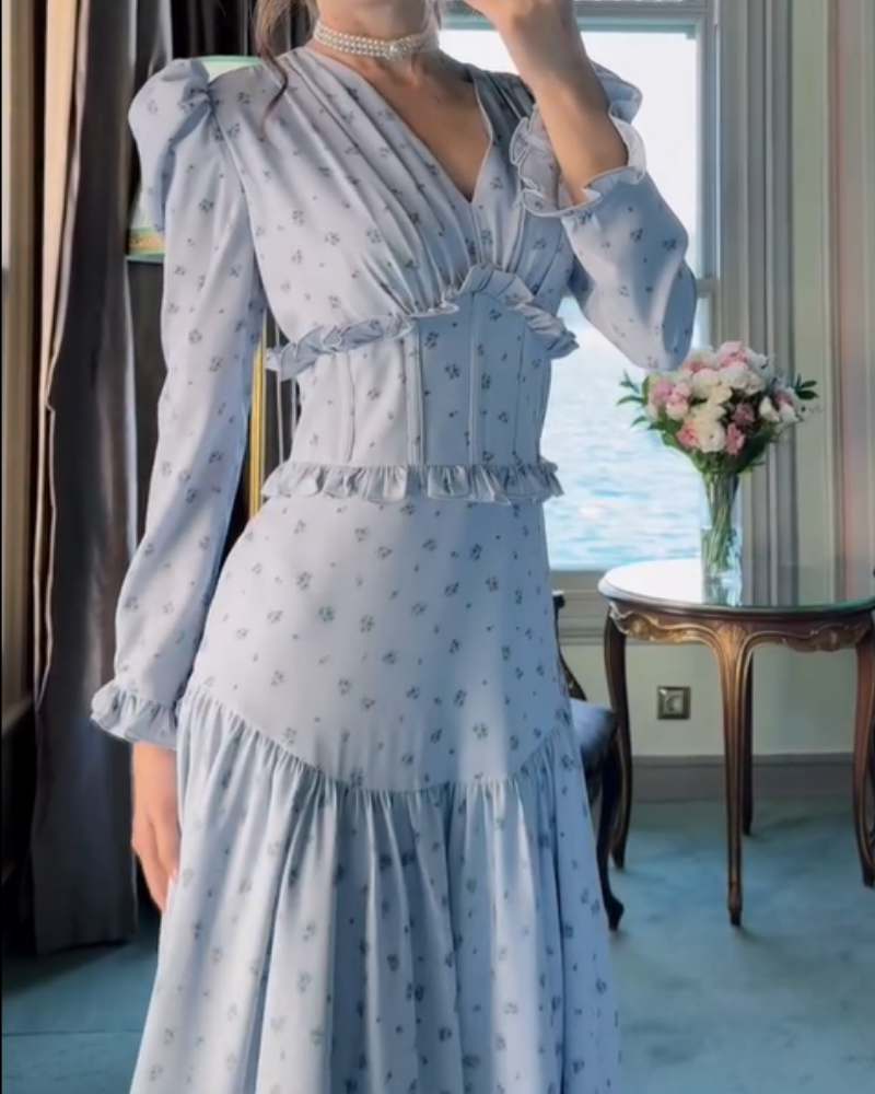 Floral Vintage Waist-cinched French Maxi Dress