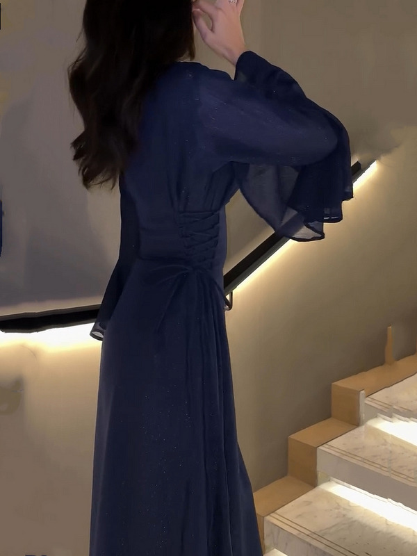 Sheer Beaded Yoke Flared Bell Sleeves Maxi Dress