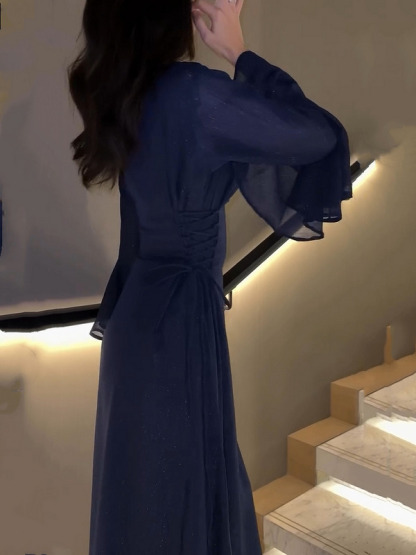 Sheer Beaded Yoke Flared Bell Sleeves Maxi Dress