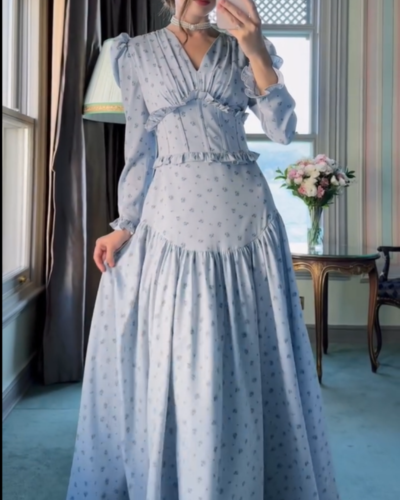 Floral Vintage Waist-cinched French Maxi Dress