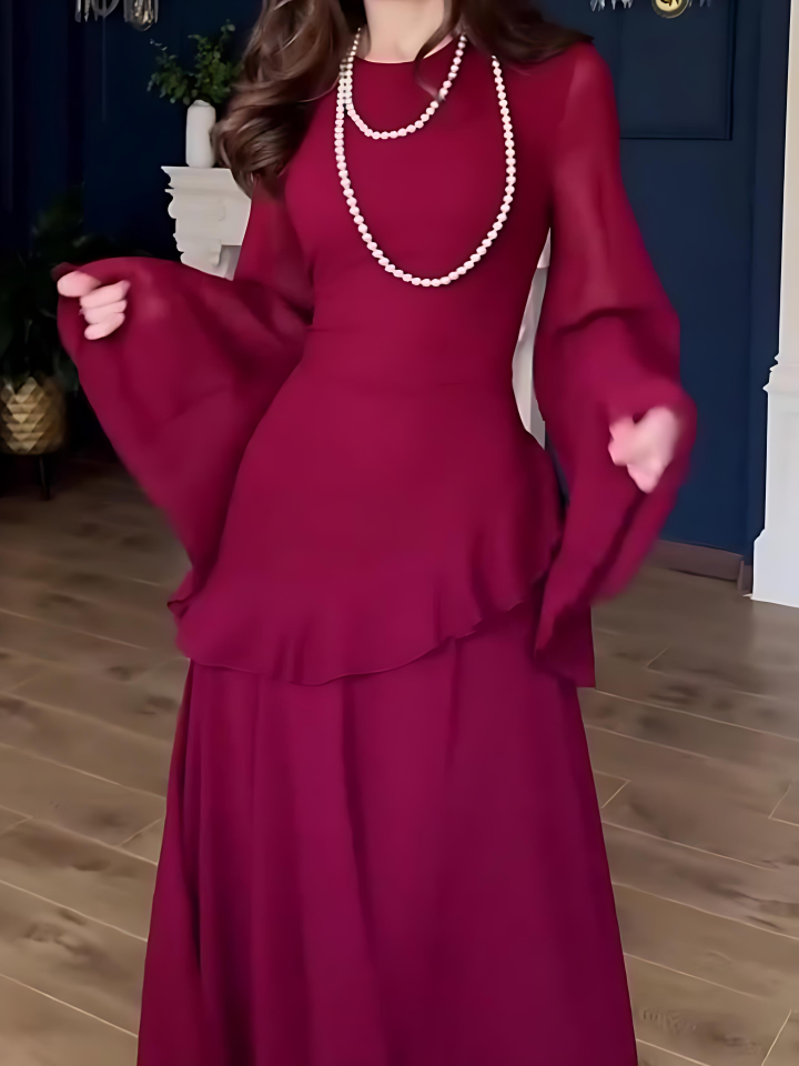 Solid Color Flared Sleeve Dress