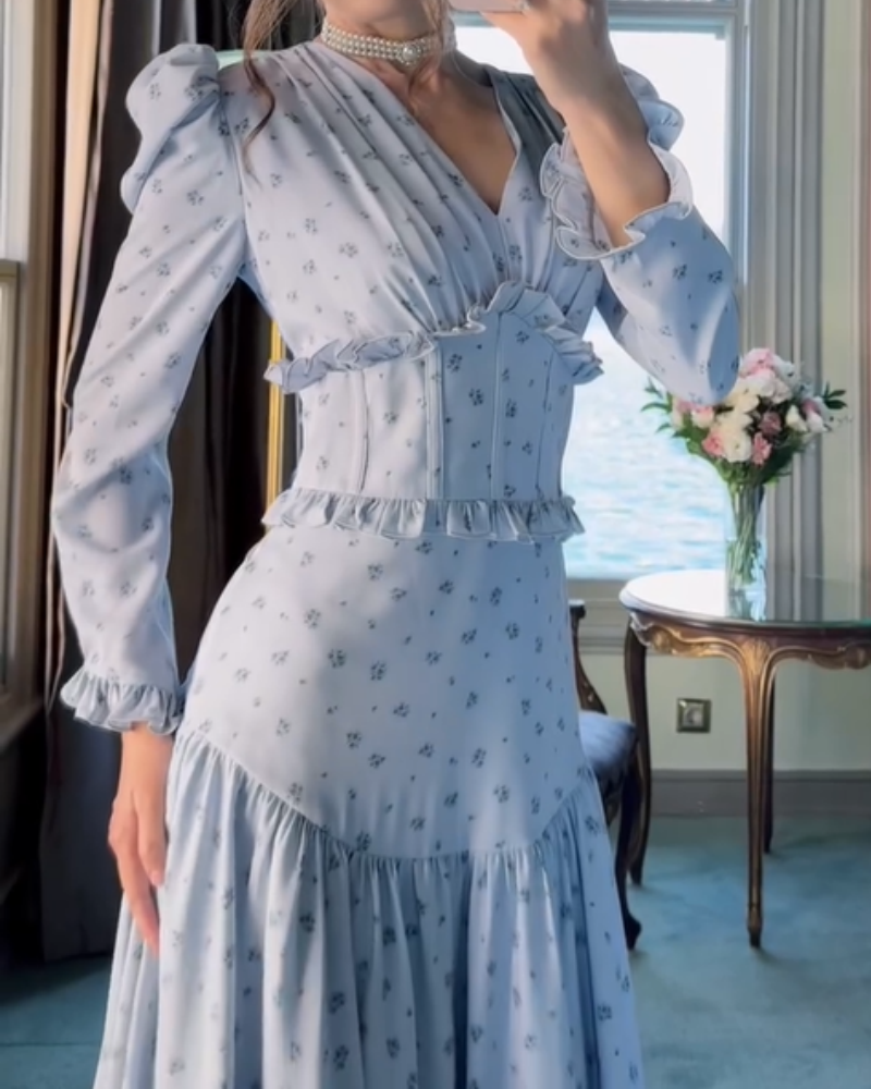 Floral Vintage Waist-cinched French Maxi Dress