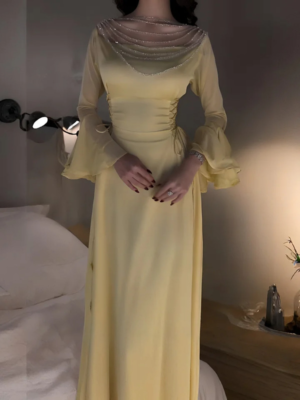 Sheer Beaded Yoke Flared Bell Sleeves Maxi Dress