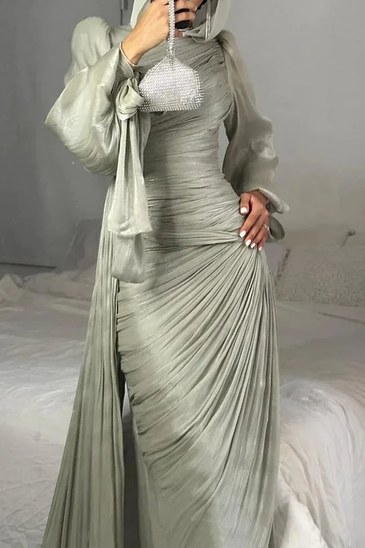 Ruched Tied Up Lantern Sleeve Overlay Party Maxi Dresses