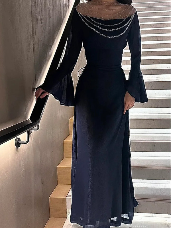 Sheer Beaded Yoke Flared Bell Sleeves Maxi Dress