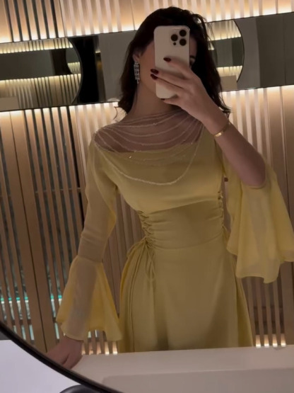 Sheer Beaded Yoke Flared Bell Sleeves Maxi Dress