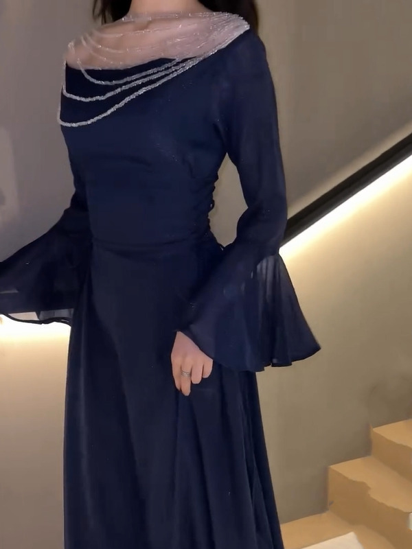 Sheer Beaded Yoke Flared Bell Sleeves Maxi Dress