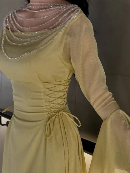 Sheer Beaded Yoke Flared Bell Sleeves Maxi Dress