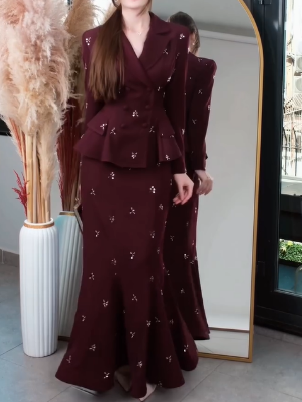 Retro Collared Fishtail Skirt Set