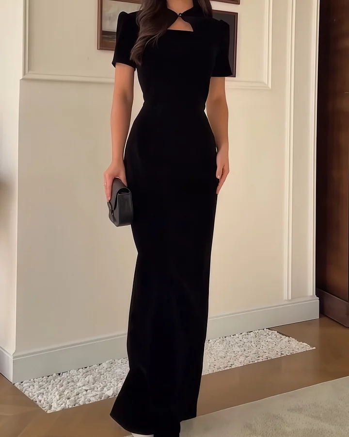 Black Bodycon Vintage High-End Cheongsam Collar Short Sleeve Maxi Dress