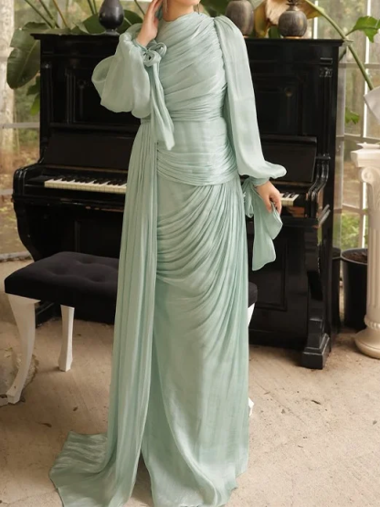 Ruched Tied Up Lantern Sleeve Overlay Party Maxi Dresses