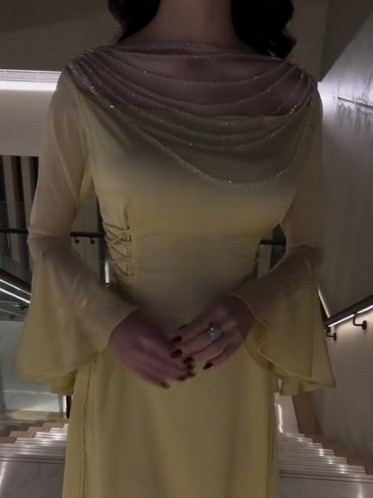 Sheer Beaded Yoke Flared Bell Sleeves Maxi Dress