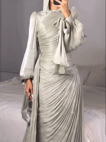 Ruched Tied Up Lantern Sleeve Overlay Party Maxi Dresses