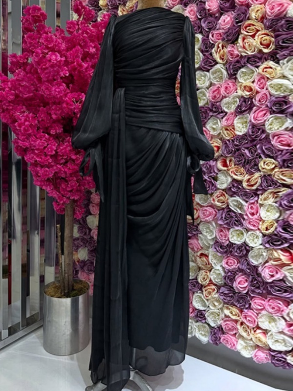 Ruched Tied Up Lantern Sleeve Overlay Party Maxi Dresses