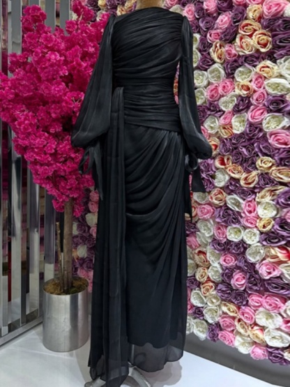 Ruched Tied Up Lantern Sleeve Overlay Party Maxi Dresses